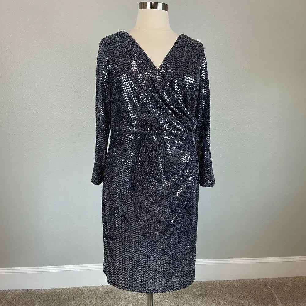 Betsy & Adam Sparkly Long Sleeve V-Neck Sheath Cocktail Dress Size 18W Navy Blue - Picture 2 of 13
